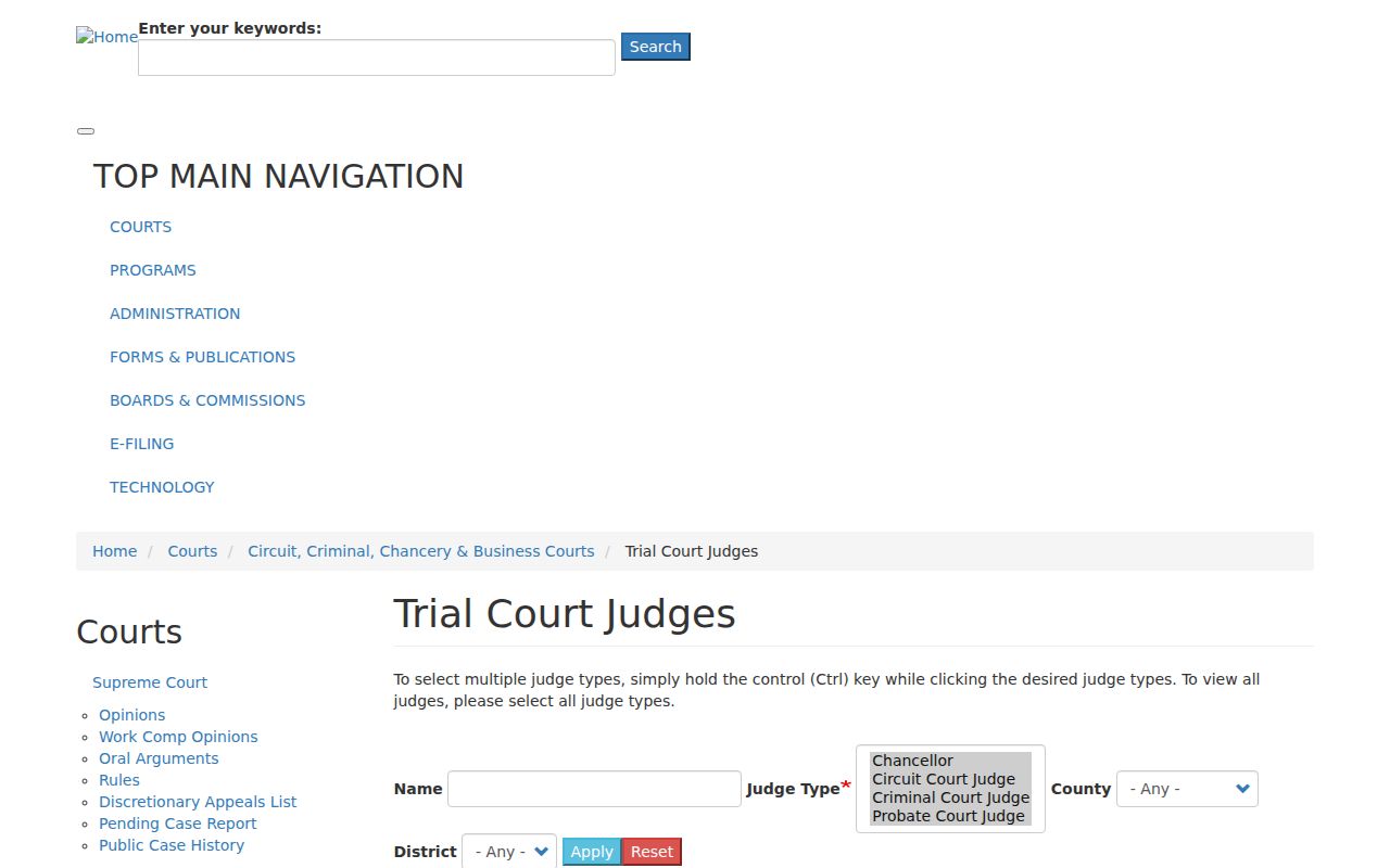 Tennessee trial court judge directory used to verify Hancock County court dates