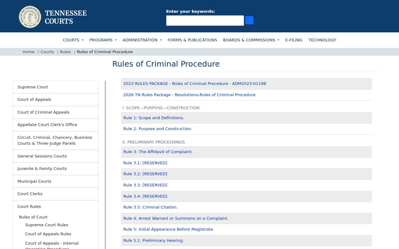 Tennessee Rules of Criminal Procedure page used for Hancock County criminal dockets