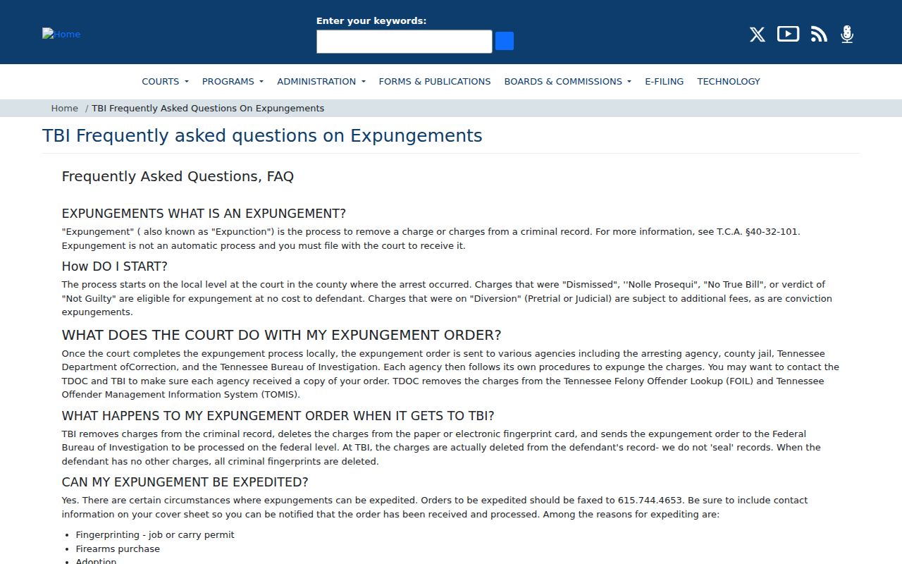 Tennessee expungement FAQ relevant to Hancock County criminal records