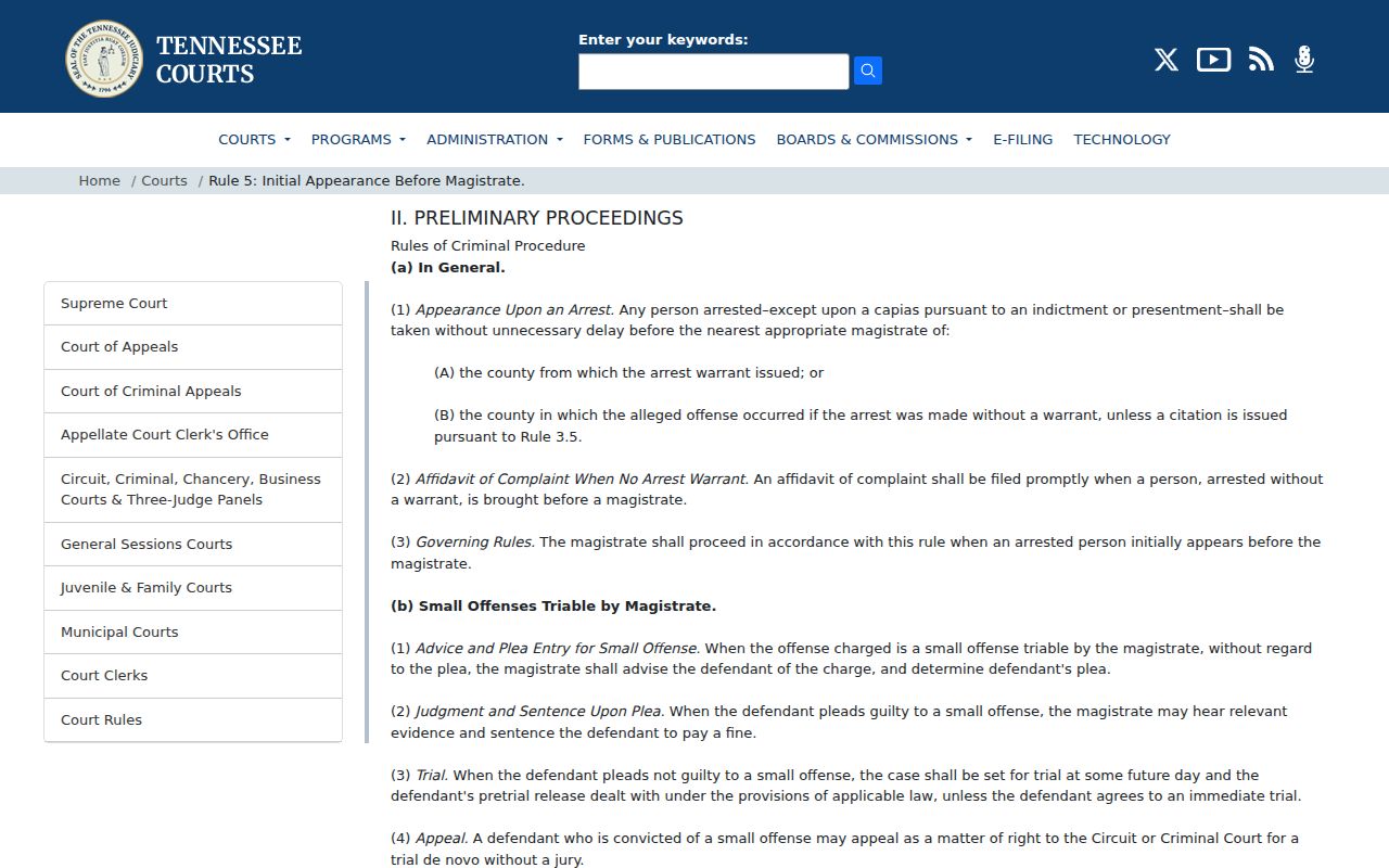 Tennessee Rule 5 initial appearance guidance for Hancock criminal cases