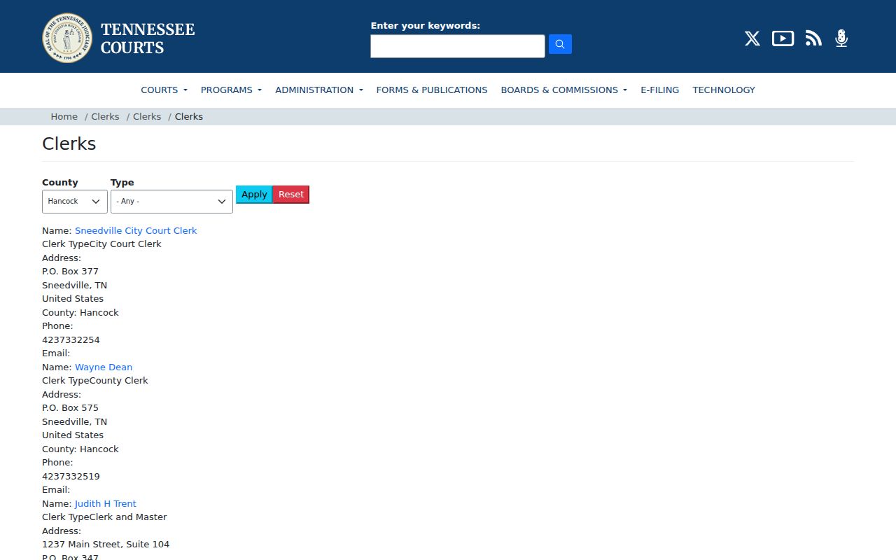 Tennessee clerk directory for Hancock County