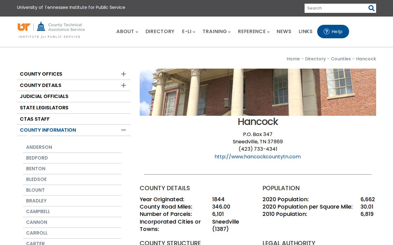 CTAS Hancock County profile identifying Sneedville as county seat and incorporated town