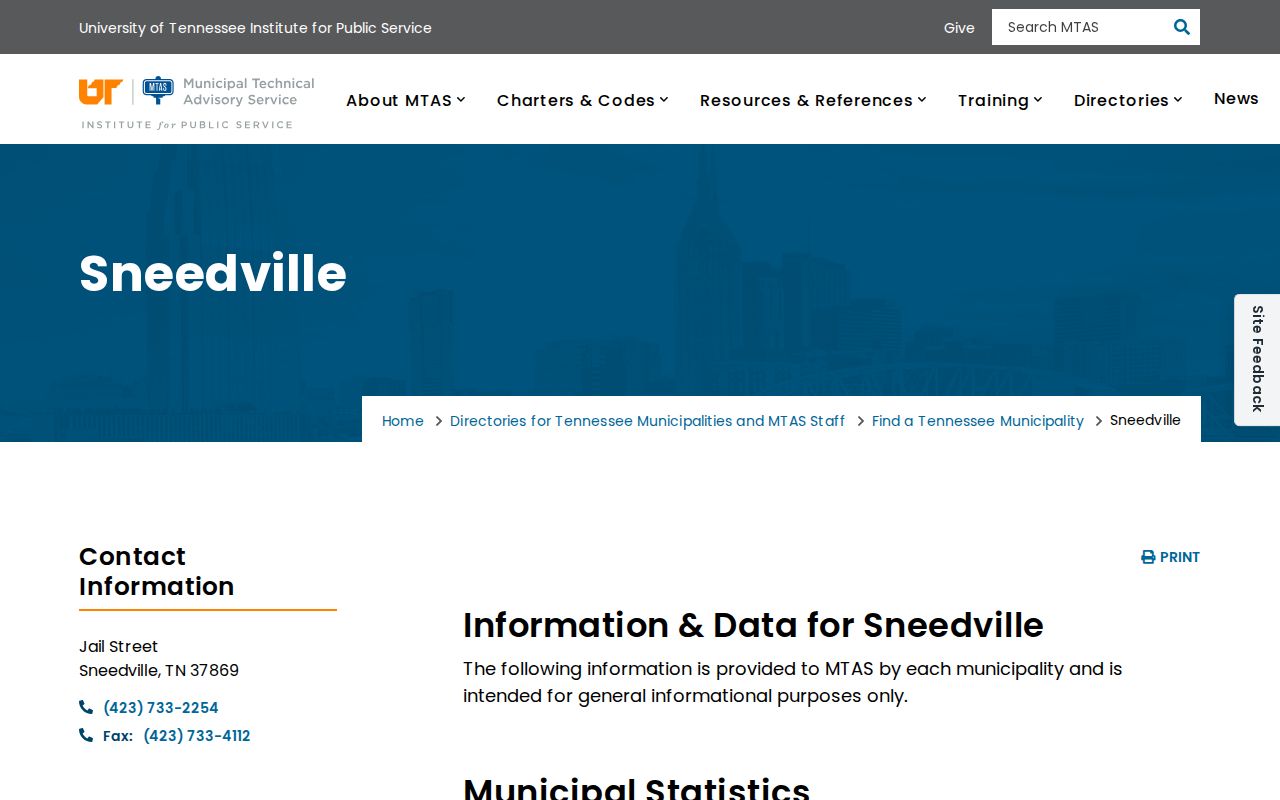 MTAS municipal directory profile for Sneedville Tennessee