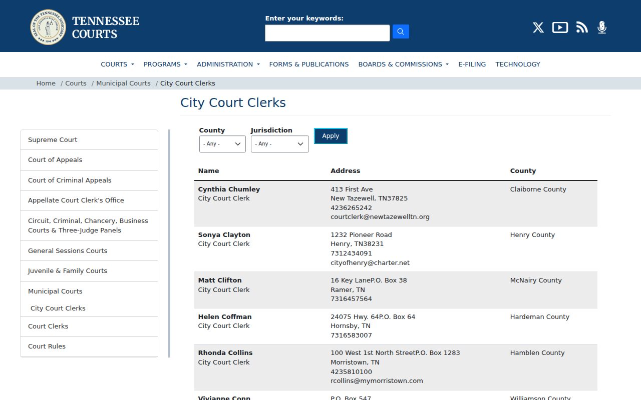 Tennessee AOC directory listing for the Sneedville City Court Clerk